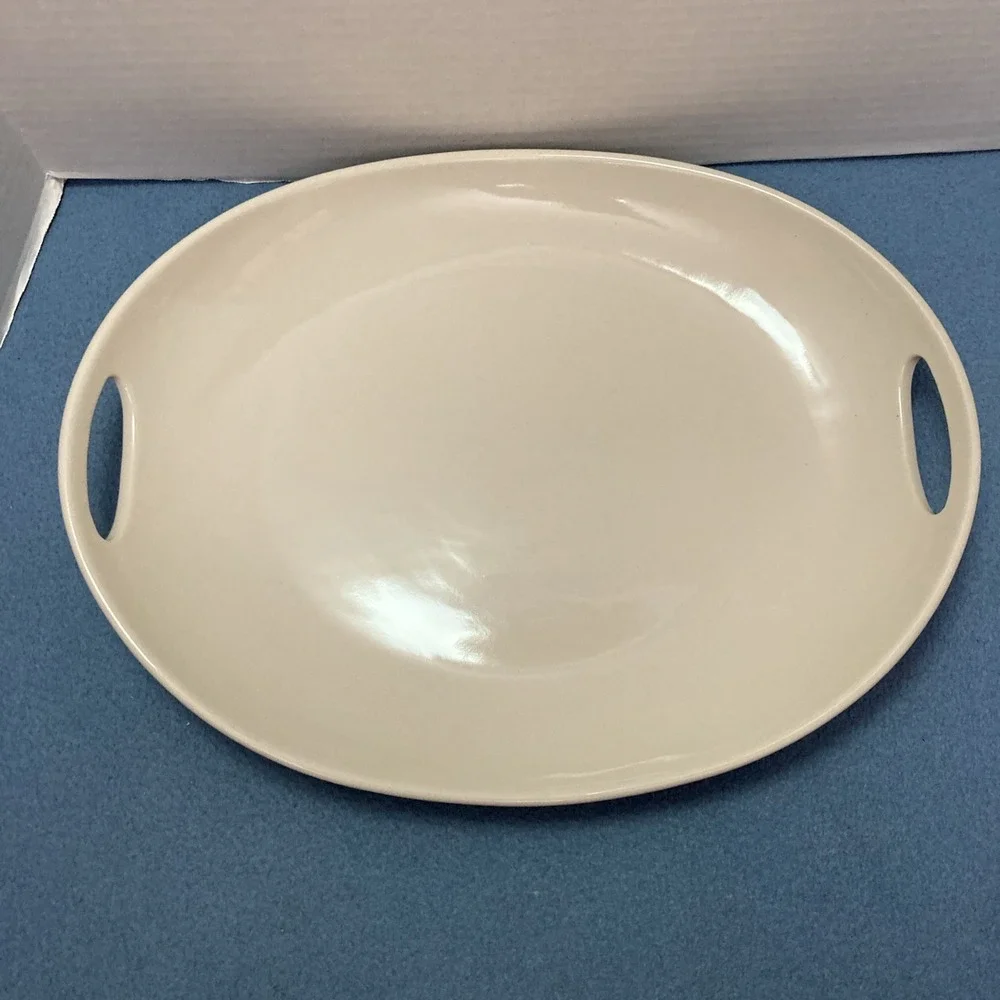 Longaberger Pottery Woven Traditions Ivory Contour Serving Platter w/Handles